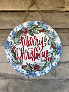 Merry Christmas Blue Willow Door Hanger